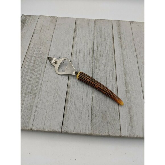 Vintage Can Tapper Bottle Jar Opener Lid Lift Church Key Faux Antler Handle 7" - Picture 4 of 6